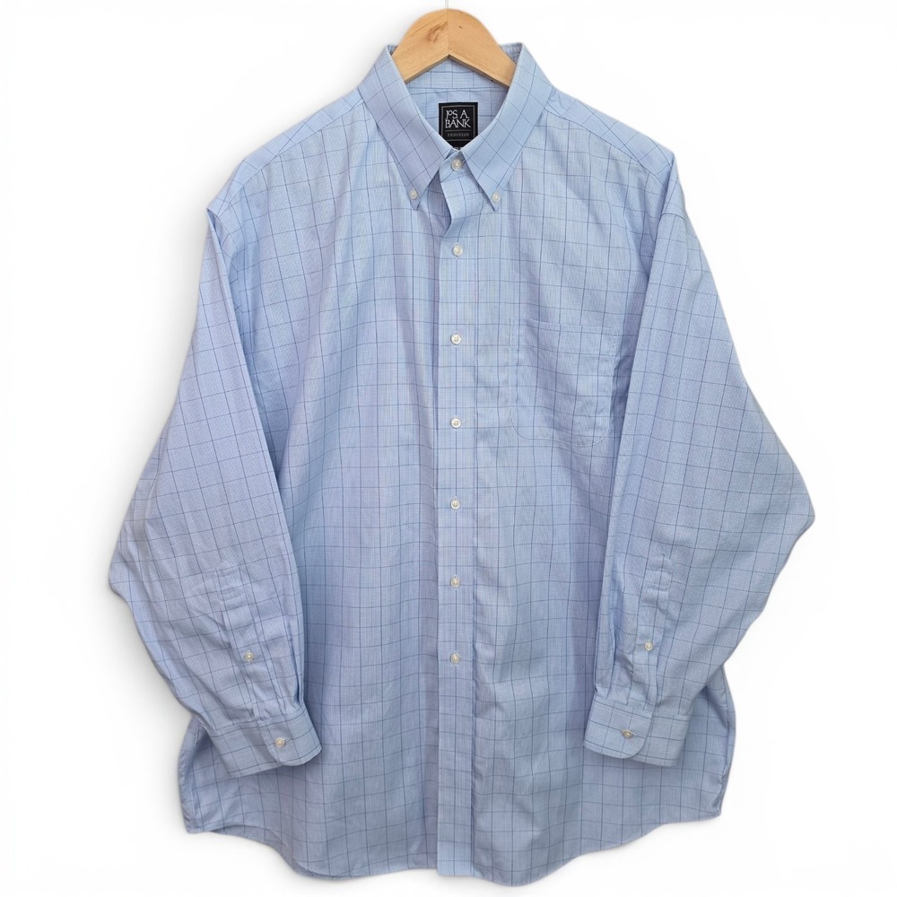 Jos A Bank Dress Shirt 17.5 33 Blue Check Button Down Traveler Cotton Career